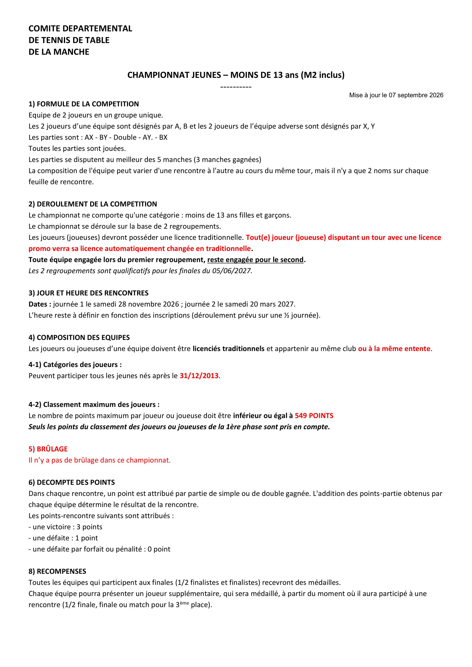 Championnat jeunes 13ans et 16ans 2025 2026 2