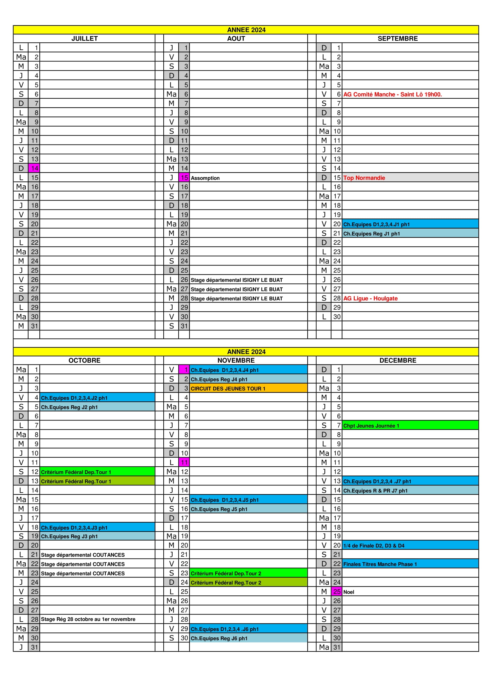 Calendrier Manche 2024 2025 1